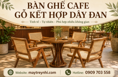 Bàn ghế cf gỗ kết hợp dây đan